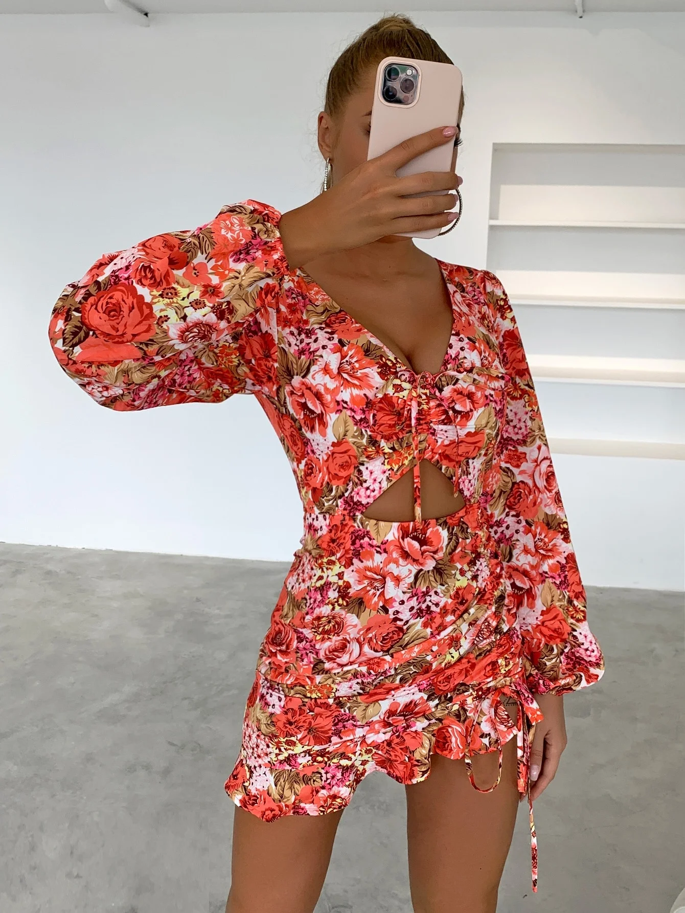 Yissang Floral Print Knot Front Cut Out Ruched Ruffle Hem Dress 
Yissang Floral Print Knot Front Cut Out Ruched Ruffle Hem Dress