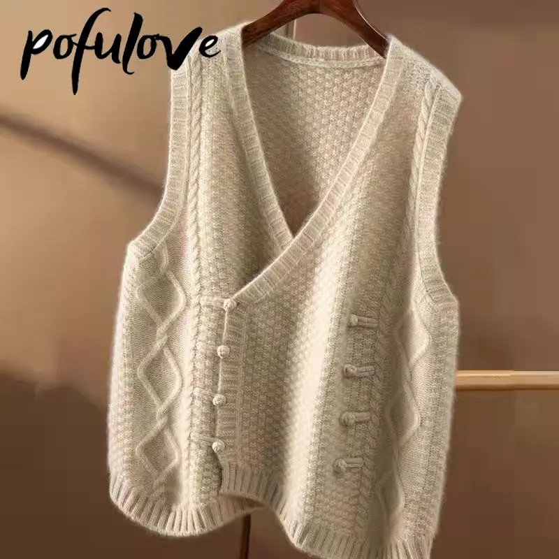 Vintage Knitted Vest Women V-neck Korean Sleeveless Sweater Vest Cardigan Loose Solid Lazy Style Double Breasted Vest Autumn
Vintage Knitted Vest Women V-neck Korean Sleeveless Sweater Vest Cardigan Loose Solid Lazy Style Double Breasted Vest Autumn