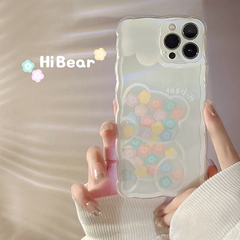 

Wave Border Flower Bear Soft Silicone Transparent Phone Case For IPhone8 7 11 12 13 Pro Max X XS Max XR Plus SE2 SE3 7Plus MINI