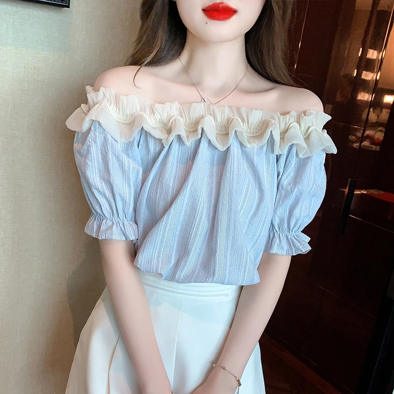 Summer Women Short Sleeved Off Shoulder French Princess Sleeve Patchwork Ruffle Versatile Shirt Blouses Blusas Mujer Blouse A138
Summer Women Short Sleeved Off Shoulder French Princess Sleeve Patchwork Ruffle Versatile Shirt Blouses Blusas Mujer Blouse A138