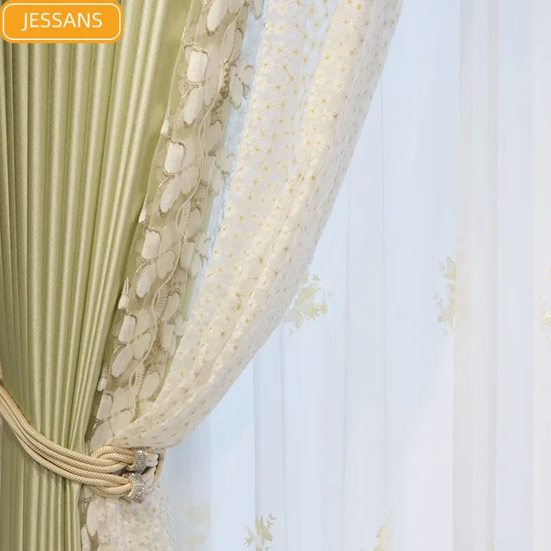 French Pastoral Luxury Light Green Embroidery Lace Stitching Blackout Curtains for Living Room Bedroom Finished Product
French Pastoral Luxury Light Green Embroidery Lace Stitching Blackout Curtains for Living Room Bedroom Finished Product