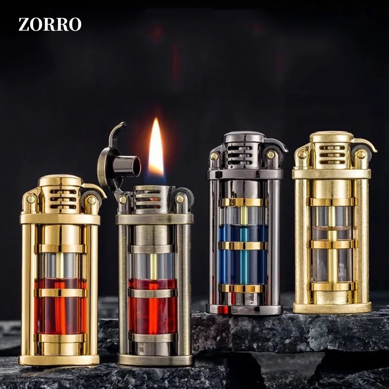 

ZORRO Transparent Fuel Tank Brass Kerosene Lighter Metal Windproof Creative Retro Flint Cigarette Lighters Smoking Accessories