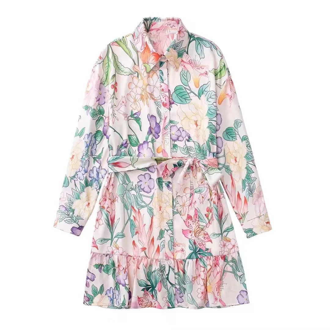 

Za Floral Print Women Vintage Dress Long Sleeve Sashes Ruffles Mini Women Shirt Dress Fashion 2022 Holiday Dress for Summer