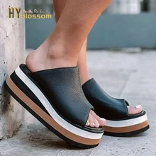 Women Slippers High Quality Leather Slippers Female Platform Slides Woman Fish Mouth Flip Flop Women Shoes Outside Slippers