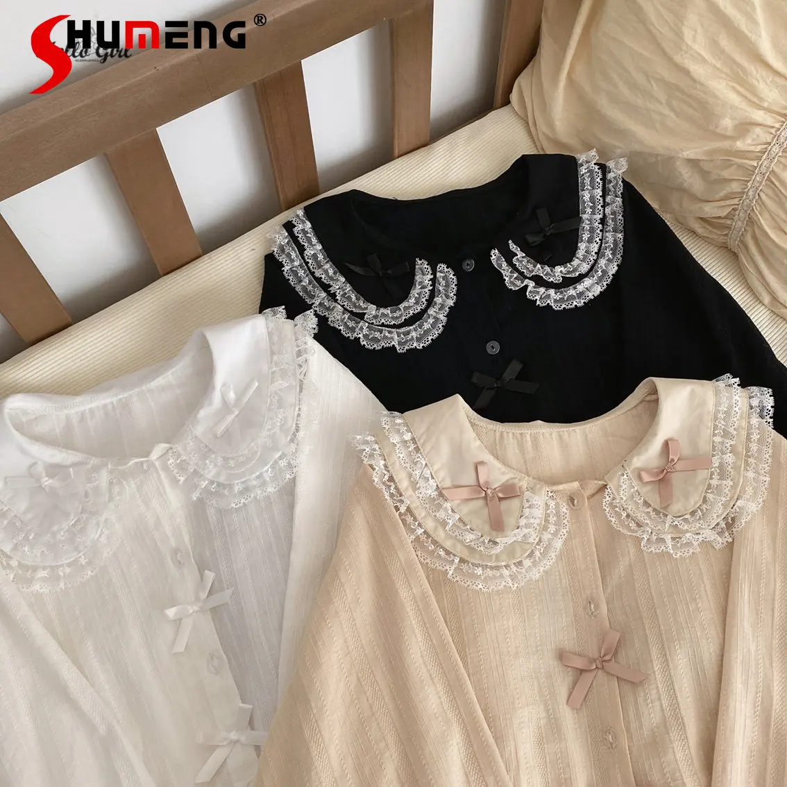 Sweet Lace Stitching Double-Layer Collar Bow Blouse and Top 2023 Spring Loose Lantern Sleeve Shirt Blusas Femininas Elegantes 
Sweet Lace Stitching Double-Layer Collar Bow Blouse and Top 2023 Spring Loose Lantern Sleeve Shirt Blusas Femininas Elegantes