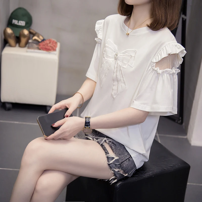 2022 Summer Bow Beaded Round Neck T-shirt Top All-Match Short Sleeve Loose Cotton Women Tees XL-4XL 100kg
2022 Summer Bow Beaded Round Neck T-shirt Top All-Match Short Sleeve Loose Cotton Women Tees XL-4XL 100kg