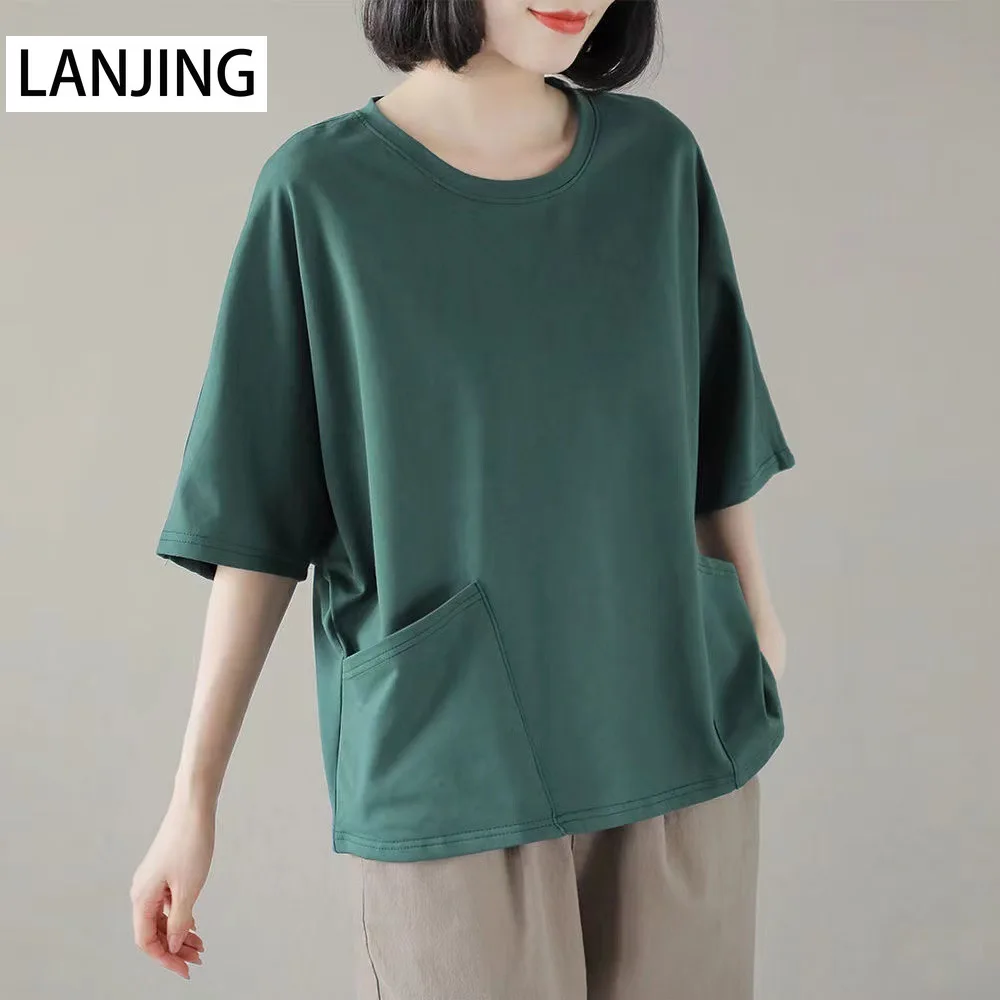 Large size simple all-match casual mid-sleeve t-shirt women's Korean summer dress new pocket round neck top Cotton Tees
Large size simple all-match casual mid-sleeve t-shirt women's Korean summer dress new pocket round neck top Cotton Tees