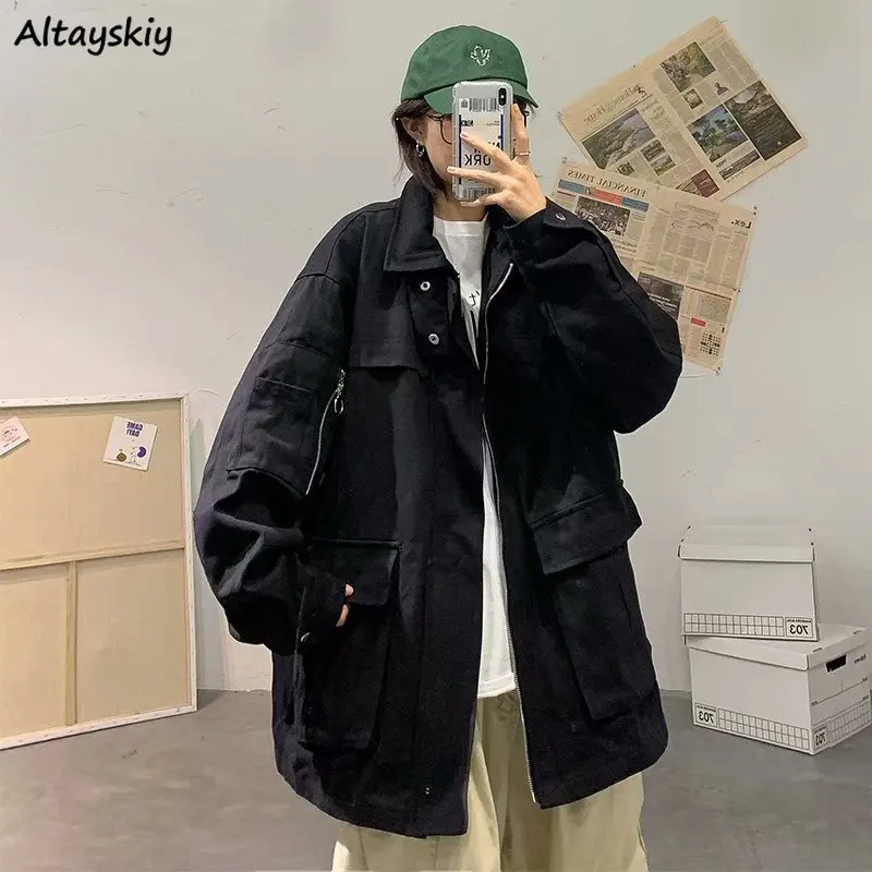 

Basic Jackets Streetwear Autumn Pockets Loose Harajuku Students Ulzzang Fashion Casual Chic Outwear Design Retro BF Females New