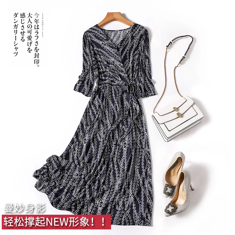 

Knit Natural Silk Summer Dress A-LINE V-Neck Mid-Calf Three Quarter Sleeve Vestidos De Verano Mujer 2023 Women Clothing
