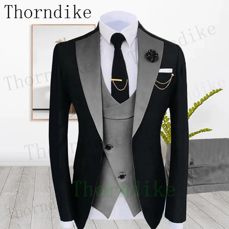 

Новое поступление, Модный свадебный костюм Thorndike для мужчин, черный блейзер, серый жилет, брюки, индивидуальный пошив, искусственная кожа, мужской официальный смокинг