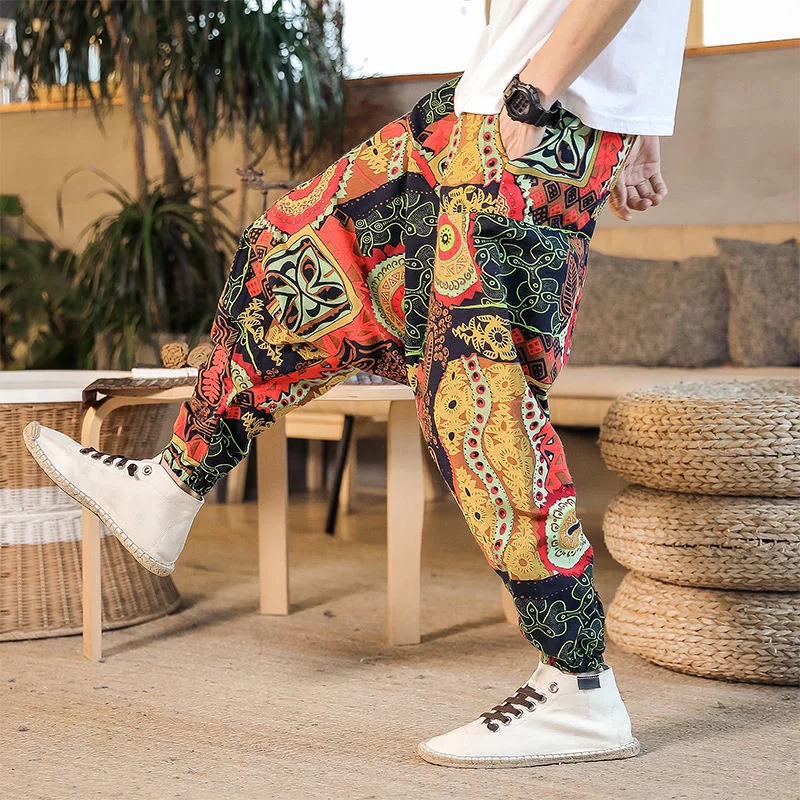 

MrGB 2023 Summer Men's Cross-pants Chinese Style Graphic Linen Casual Retro Baggy Male Harem Pants Elastic Waist Trousers