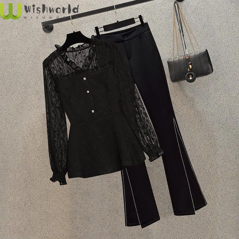 2022 Spring and Autumn New Large Korean Fashion Lace Splicing Shirt Micro Pants Two-piece Set Elegant Women's Pants Set
2022 Spring and Autumn New Large Korean Fashion Lace Splicing Shirt Micro Pants Two-piece Set Elegant Women's Pants Set
