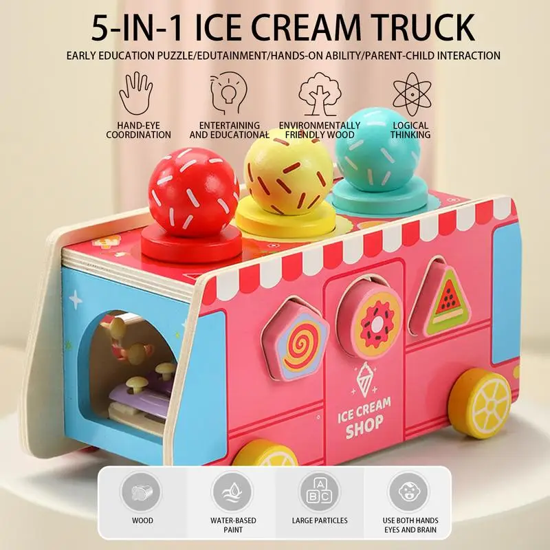 

Деревянный 5-в-1 грузовик для мороженого, ролевая игра, грузовик для мороженого, фургон, Монтессори, сортировка, штабелирование, игрушки для детей, наборы мини-блоков