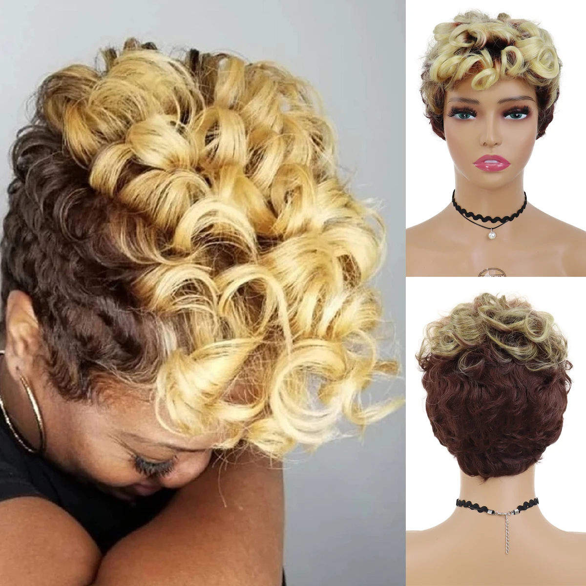 

GNIMEGIL Curly Wig Short Synthetic Hair for Women Blonde Ombre Brown Wig with Bangs Natural Hairstyle Short Wig Female Costume
