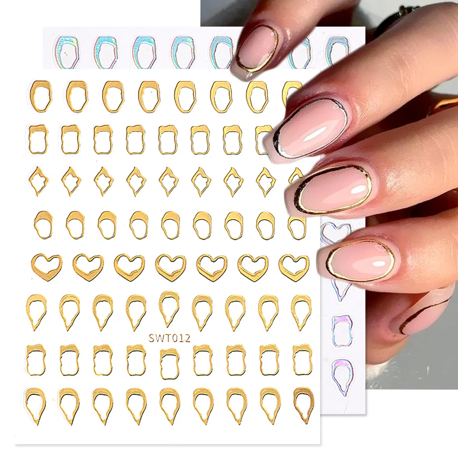 

3D Bronzing Nail Stickers Laser Gold Silver Geometric Photo Frame Lines Love Heart Metallic Slider Manicure Decoration BESWTN