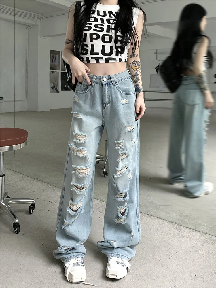 

Джинсы женские рваные с завышенной талией, винтажные брюки из денима в стиле хип-хоп, прямые свободные штаны с широкими штанинами, уличная одежда, темно-синие