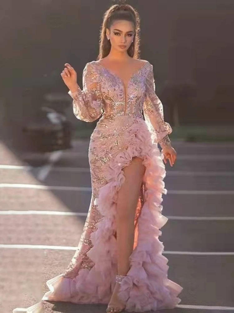 Pink Party Dresses Sexy Deep V Neck Long Lantern Sleeve Women High Slit Ruffles Cocktail Birthday Party Gowns Summer Outfits New
Pink Party Dresses Sexy Deep V Neck Long Lantern Sleeve Women High Slit Ruffles Cocktail Birthday Party Gowns Summer Outfits New