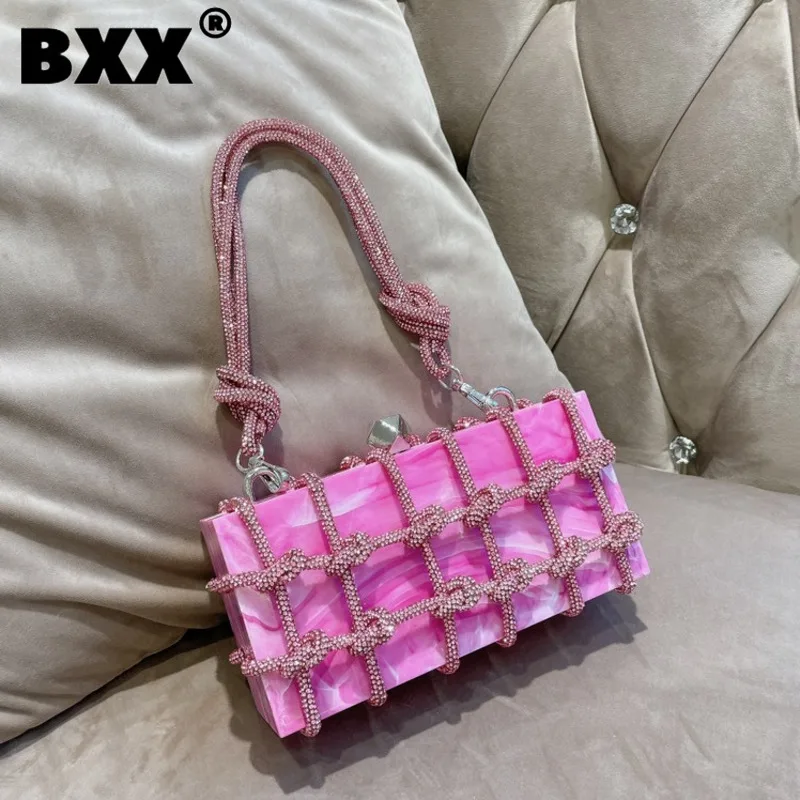 

[BXX] Acrylic Shoulder Underarm Bag For Women 2023 New Fashion Diamond Box Bags Dinner Party Contrast Color Handbag 8AB541