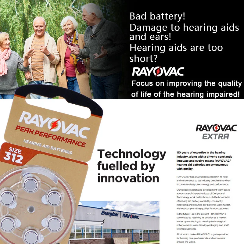 

60 PCS Rayovac PEAK High Performance Hearing Aid Batteries 312 312A A312 PR41. Zinc Air Battery For BTE CIC RIC OE Hearing Aids