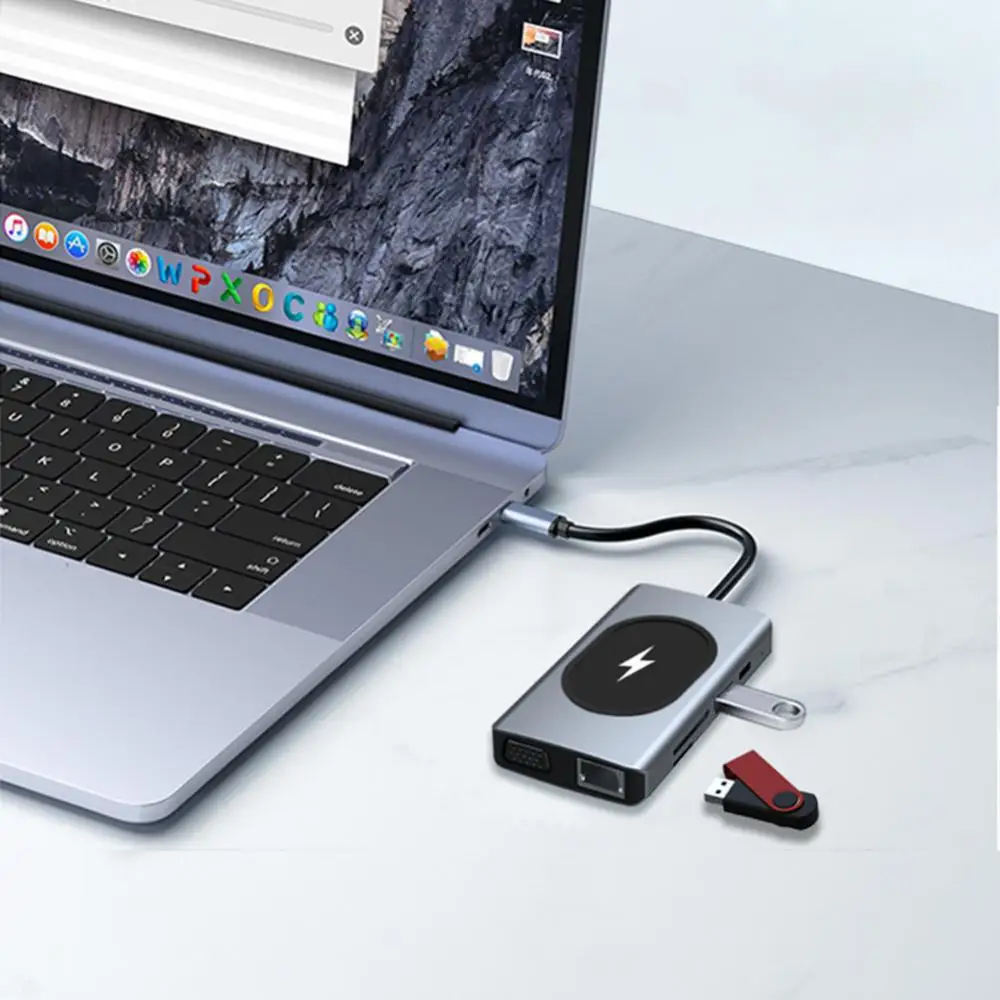 Док-станция 9 в 1 с разъемом для карт Sd/tf, Vga, 100 Вт, 15 Вт 
Док-станция 9 в 1 с разъемом для карт Sd/tf, Vga, 100 Вт, 15 Вт