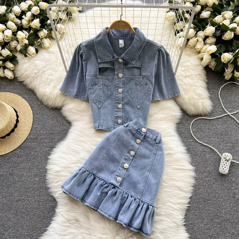 Women Summer Two 2 Piece Set Denim Korean Style Elegant Single Breasted Tassel Short Sleeve Tops and Button Ruffle Mini Skirts
Women Summer Two 2 Piece Set Denim Korean Style Elegant Single Breasted Tassel Short Sleeve Tops and Button Ruffle Mini Skirts