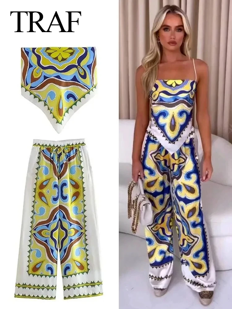 TRAFZA 2023 Women Fashion Print Blouse Pants Sets Summer Causal Headband Style Sling Top Drawstring Straight Long Pant Suit
TRAFZA 2023 Women Fashion Print Blouse Pants Sets Summer Causal Headband Style Sling Top Drawstring Straight Long Pant Suit