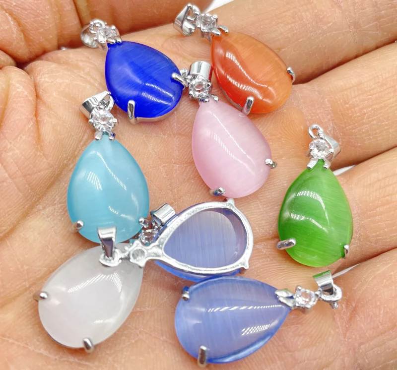 

Wholesale Natural Gem Stone Quartz Crystal Cat's Eye Opal Water Drop Pendant For DIY Jewelry Making Men Women Necklace 24Pcs