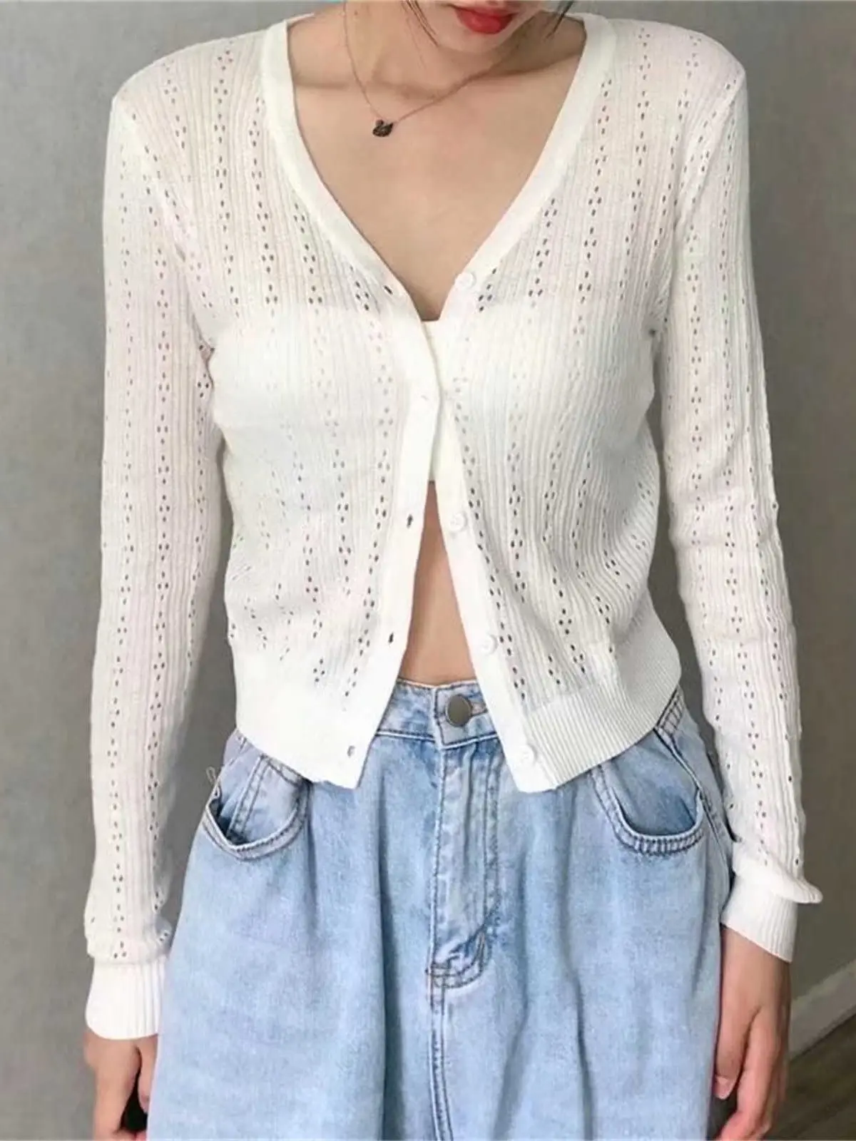 

Elegant Women V Neck Knitted Hollowed Shirt 2022 Spring-autumn Fashion Ladies College Style Single Breasted Set Female Solid Top