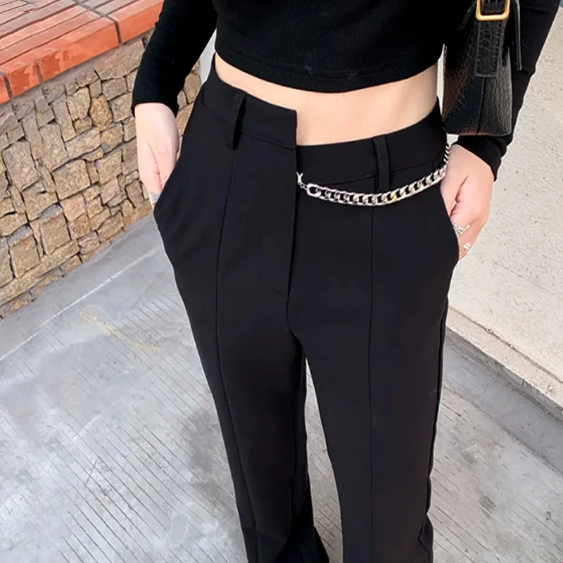 Брюки женские с широкими штанинами, прямые штаны с завышенной талией, с черным разрезом, модные брюки в Корейском стиле на цепочке, весна-осень 
Брюки женские с широкими штанинами, прямые штаны с завышенной талией, с черным разрезом, модные брюки в Корейском стиле на цепочке, весна-осень