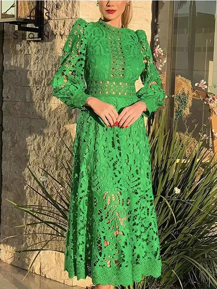 Женское винтажное кружевное платье-миди SEQINYY, зеленое элегантное платье-трапеция с вырезами, лето-весна