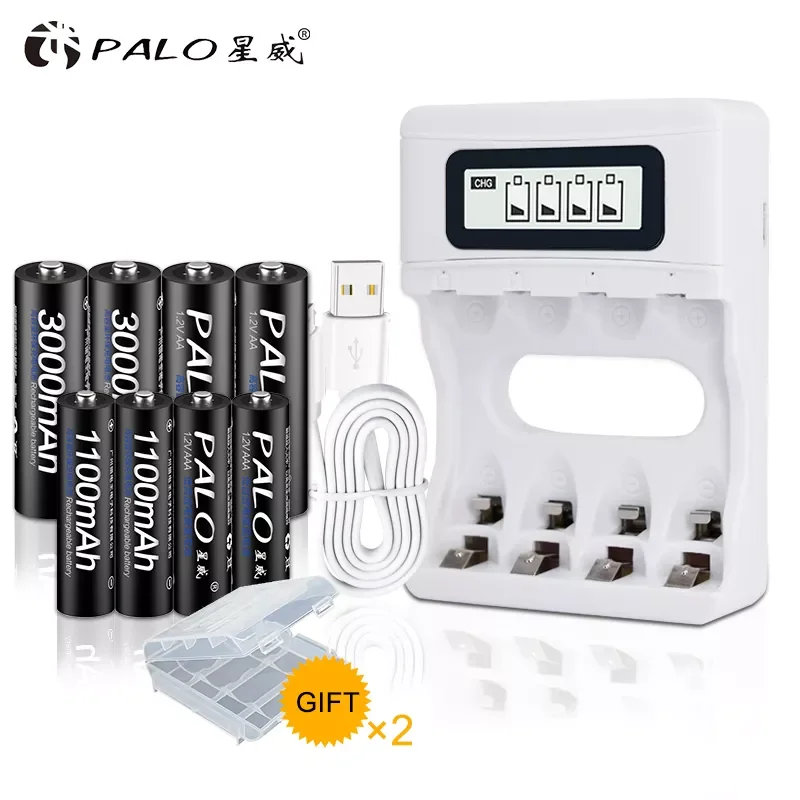 

PALO AAA 1100mAh + AA 3000mAh NI-MH Rechargeable Battery AAA 3A AA 2A ni mh nimh 1.2V Original High Capacity Current Batteries