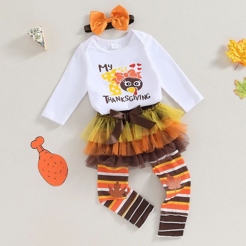 

Baby Girl 4Pcs Thanksgiving Outfits Long Sleeve Turkey Romper with Shorts Leg Warmers Headband Set Infant Clothes