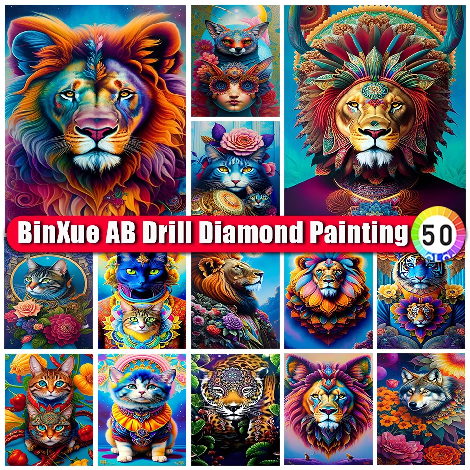 

BinXue 5D DIY Colorful Abstract Lion Flower AB Diamond Painting Kit Tiger Cat Cross Stitch Leopard Fox Handmade Mosaic Art Gift