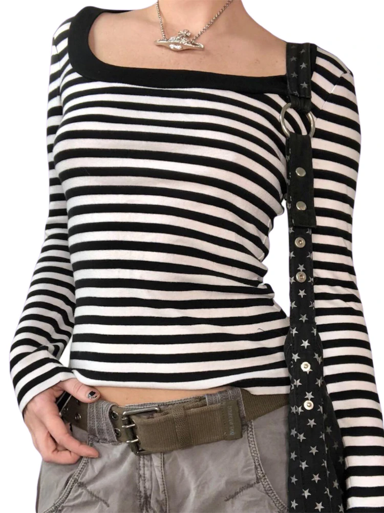 Tshirt Women's Fashion Harajuku Stripe Crop Top Long Sleeve Pullover Casual Square Collar Slim T-shirt Spring Autumn Y2k Clothes
Tshirt Women's Fashion Harajuku Stripe Crop Top Long Sleeve Pullover Casual Square Collar Slim T-shirt Spring Autumn Y2k Clothes