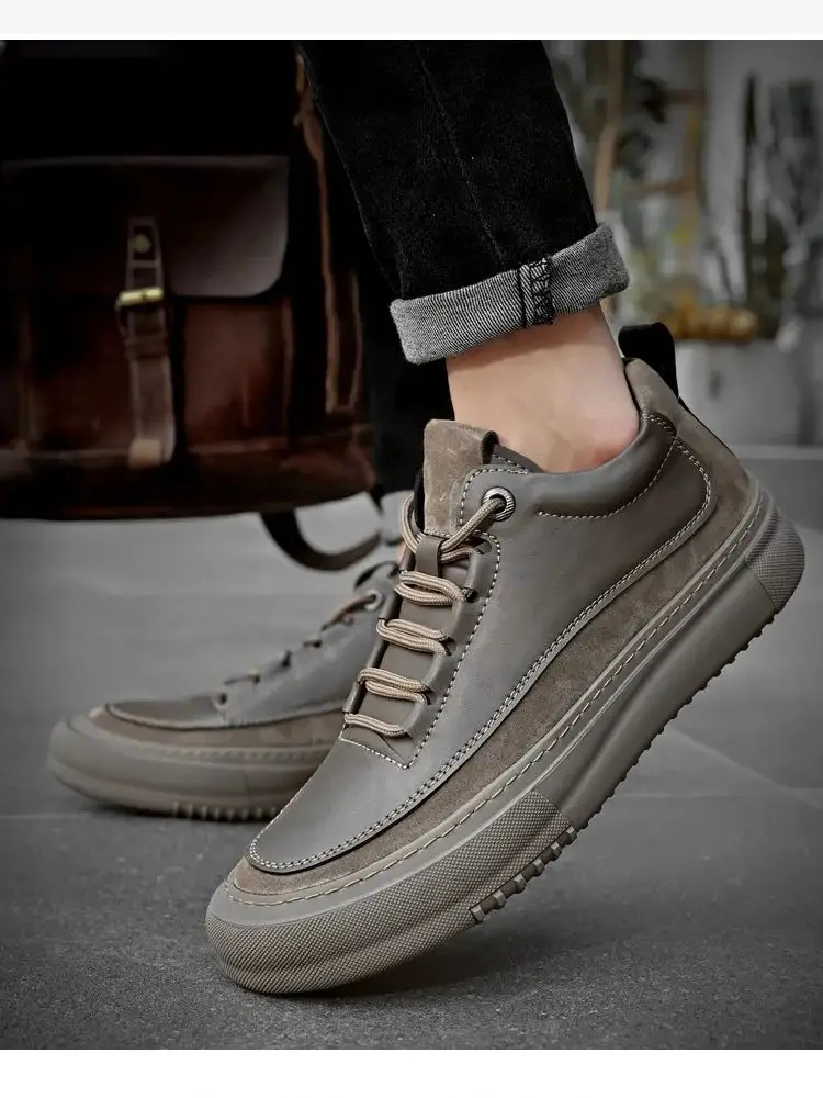 

Men's Spring Autumn Leather Casual Shoe Thick Bottom Non Slip Wear Resistant Stitched Upper Fashion Outdoor Casual Tooling Shoes