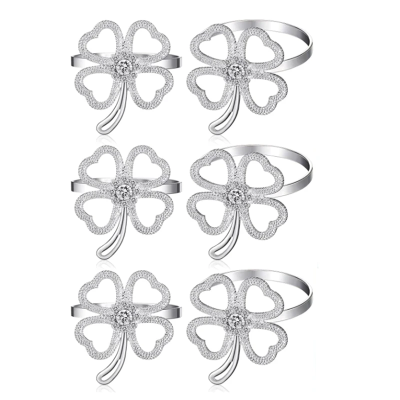 

6 Pcs Shamrock Clover Napkin Ring Rhinestone Napkin Buckle Holder Exquisite Napkin Ring St. Patrick's Day Wedding Decor