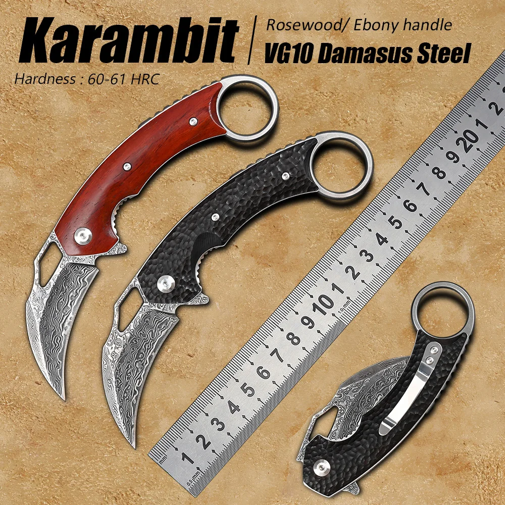 

VG10 Damascus Steel Camping Survival Pocket Knives Outdoor Utility Tactical EDC Tool Self Defense Folding Karambit Knife Csgo