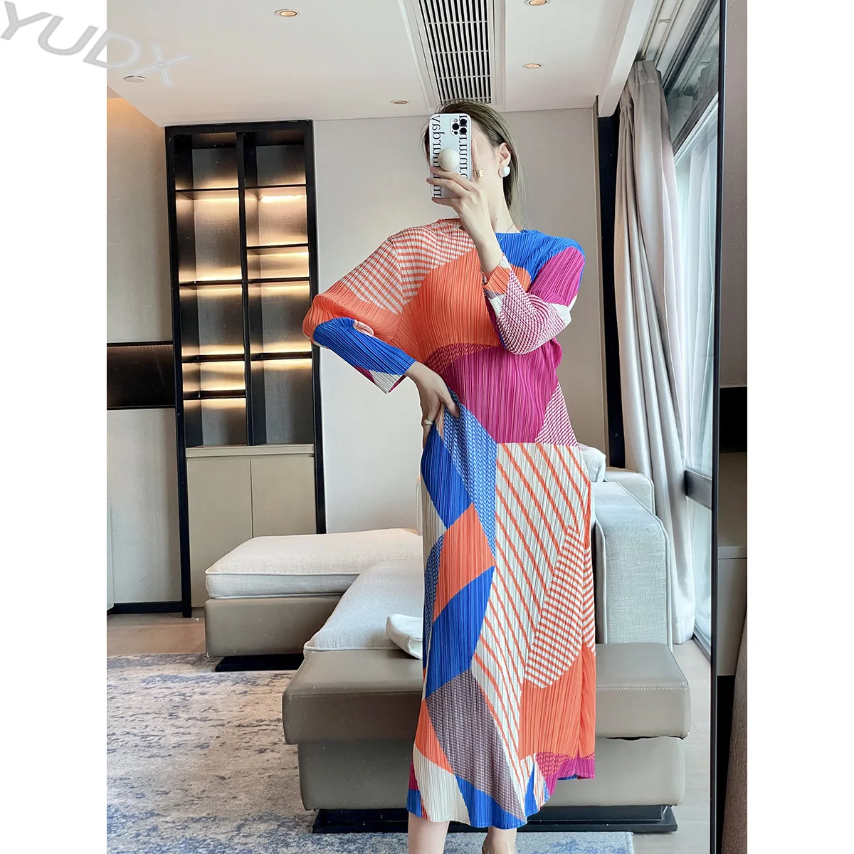 

Плиссированное Платье YUDX Miyake на раннюю осень 2023, новое модное платье с геометрическим принтом и круглым вырезом, темпераментное элегантное тонкое женское длинное платье