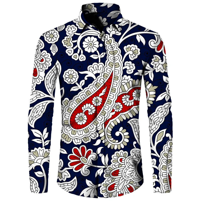 

Turn-down Clothes Men Long Print Stylish Men's Flower Streetwear Button Shirt Tops Women Paisley Sleeve Collar 3D Vintage Cashew