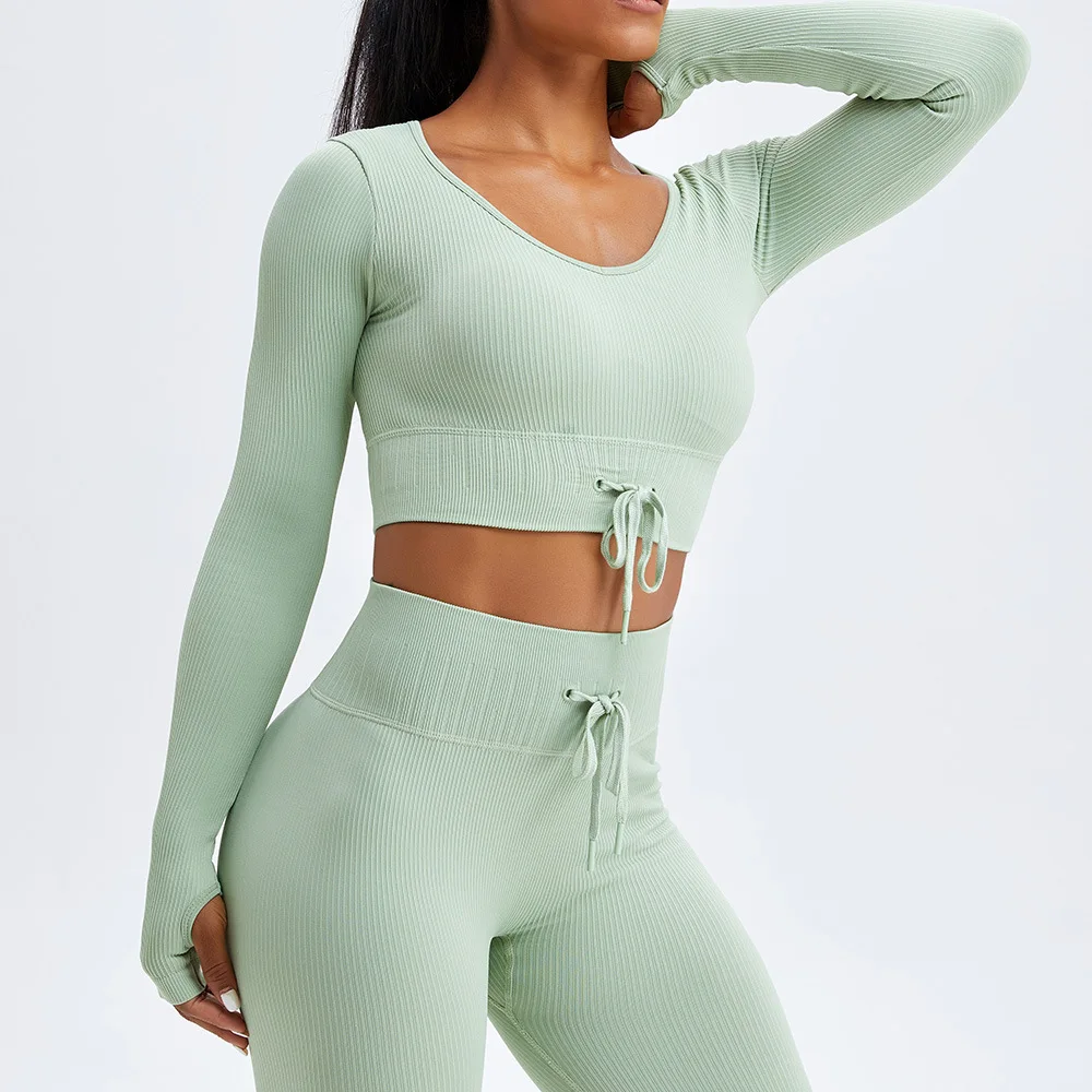 New Style Quick Drying Clothes Women's Yoga Body-Building Clothes With Lace Up And Exposed Navel Tight Sports Shirt Long Sleeve 
New Style Quick Drying Clothes Women's Yoga Body-Building Clothes With Lace Up And Exposed Navel Tight Sports Shirt Long Sleeve