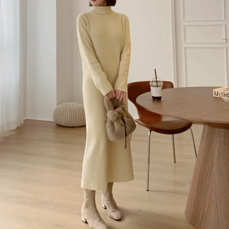 

Fashion Turtleneck Sweater Dresses Knitted Solid Mid-calf Long Winter Women Clothing 2023 OL Elegant Long Sleeve Underlay Dress