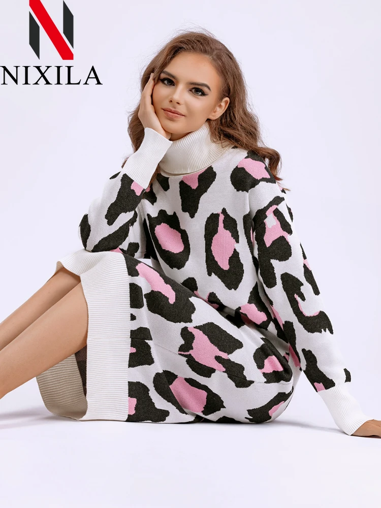 Women Winter Sweater Dress Oversized Turtleneck Leopard Printted Thick Warm Knee-Length Loose Long Knitted Robe Woman Clothing
Women Winter Sweater Dress Oversized Turtleneck Leopard Printted Thick Warm Knee-Length Loose Long Knitted Robe Woman Clothing