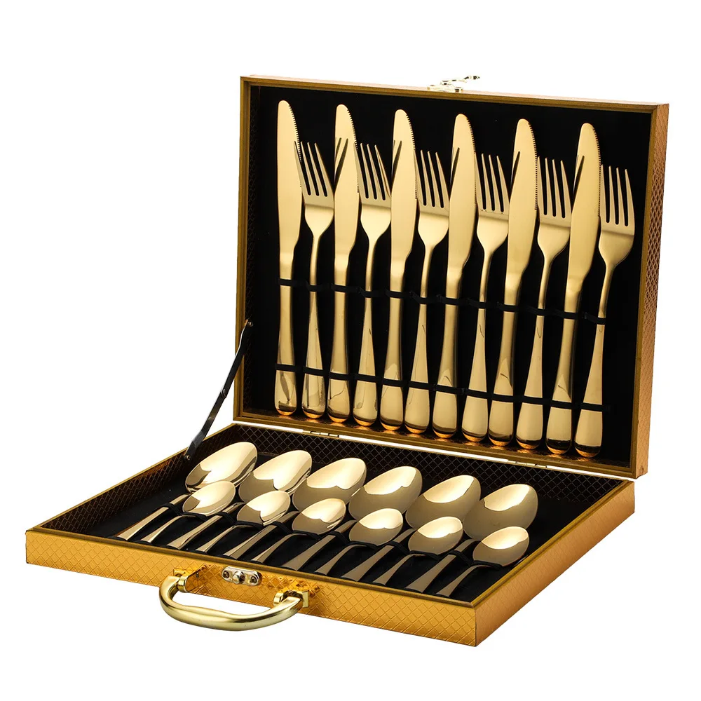 24pcs Gold Dinnerware Set Stainless Steel Tableware Set Knife Fork Spoon Luxury Cutlery Set Gift Box Flatware Dishwasher Safe
24pcs Gold Dinnerware Set Stainless Steel Tableware Set Knife Fork Spoon Luxury Cutlery Set Gift Box Flatware Dishwasher Safe