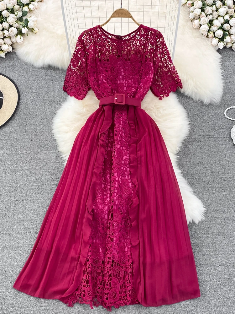 Summer Women Lace Patchwork Pleated Long Dress Elegant Round Neck Short Sleeve High Waist Draped Party Maxi Vestidos Female New
Summer Women Lace Patchwork Pleated Long Dress Elegant Round Neck Short Sleeve High Waist Draped Party Maxi Vestidos Female New