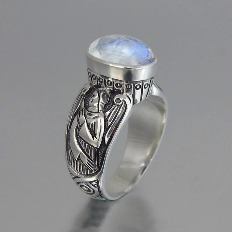 New Vintage Silver Color Carving Moonlight Goddess Rings Oval Moonstone Inlay Punk Fashion Jewelry Party Gift Retro Female Ring
New Vintage Silver Color Carving Moonlight Goddess Rings Oval Moonstone Inlay Punk Fashion Jewelry Party Gift Retro Female Ring