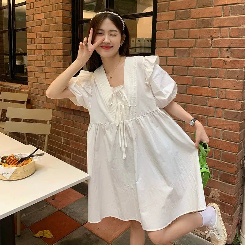 

Милое однотонное женское летнее платье с пышными рукавами, свободное Бандажное мини-платье с квадратным вырезом, корейское модное шикарное...