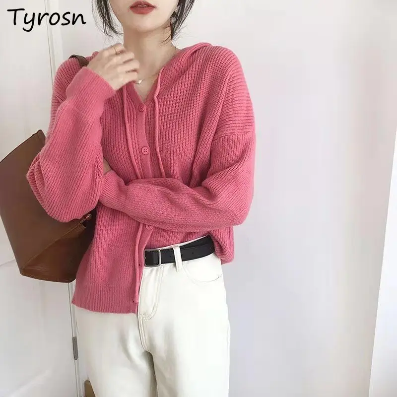 

Women Hooded Cardigans Casual Slouchy Solid Single Breasted S-3XL Sweaters Tender Retro Loose All-match Preppy Knitted Clothing