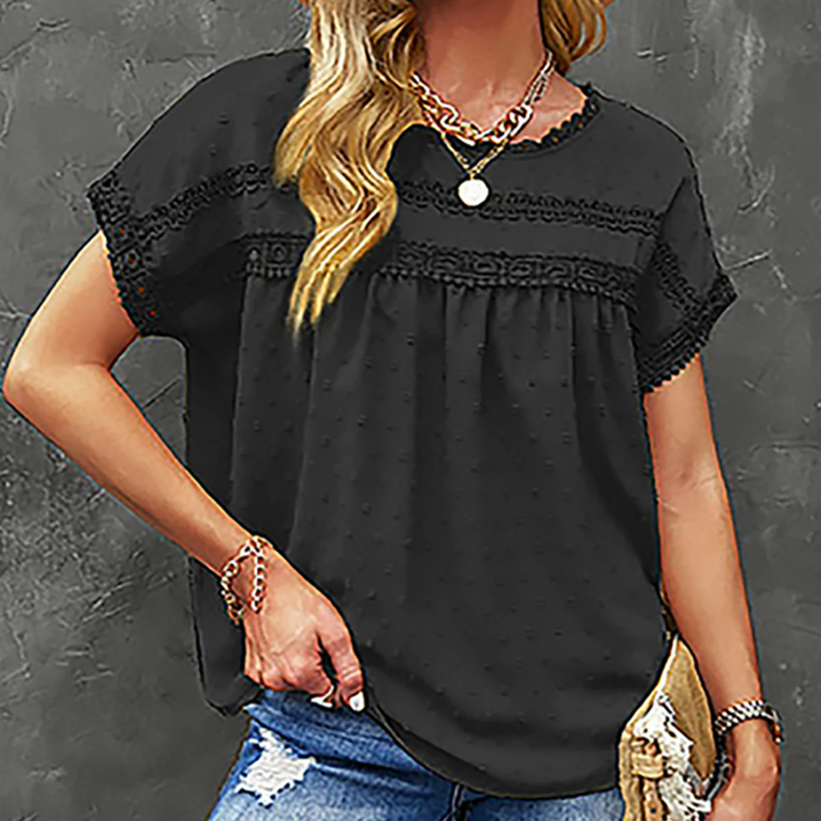 

Women Summer Lace Crochet Splicing Short Sleeve T Shirts Crewneck Swiss Dot Jacquard Buttoned-Back Loose Blouse Tops