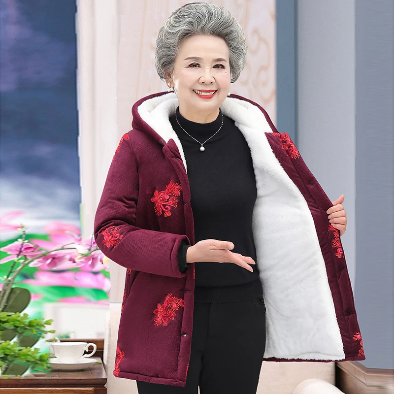

Aged Grandmother 60-70-80 Years Cotton-Padded Coat Parkers Middle-Length Winter Clothes Women's Thickened Hooded Velvet Jacket