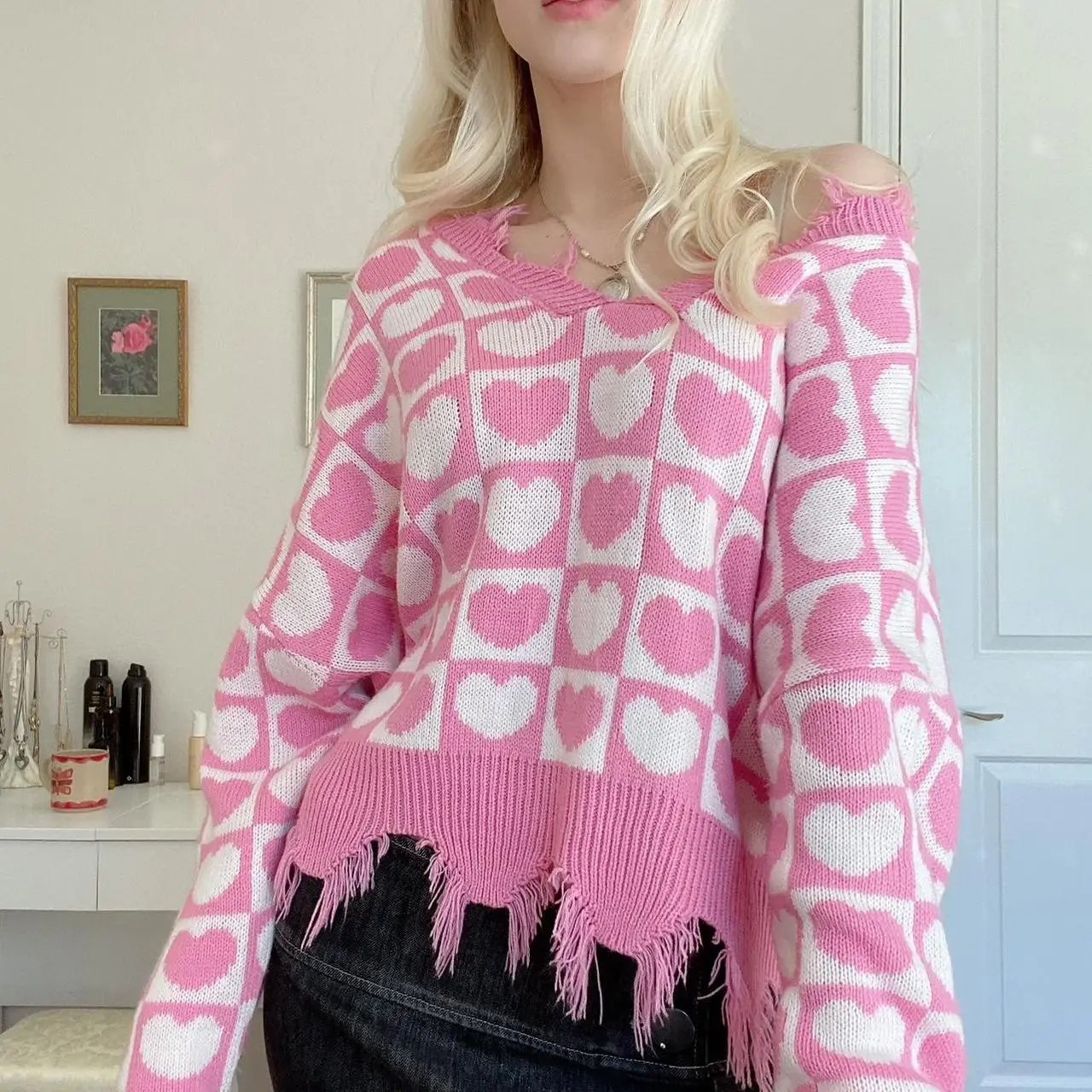 Women Long Sleeve Loose Sweaters Valentines Day Heart Pattern V-Neck Tassel Knitted Pullover Fall Winter Jumpers Tops S M L
Women Long Sleeve Loose Sweaters Valentines Day Heart Pattern V-Neck Tassel Knitted Pullover Fall Winter Jumpers Tops S M L